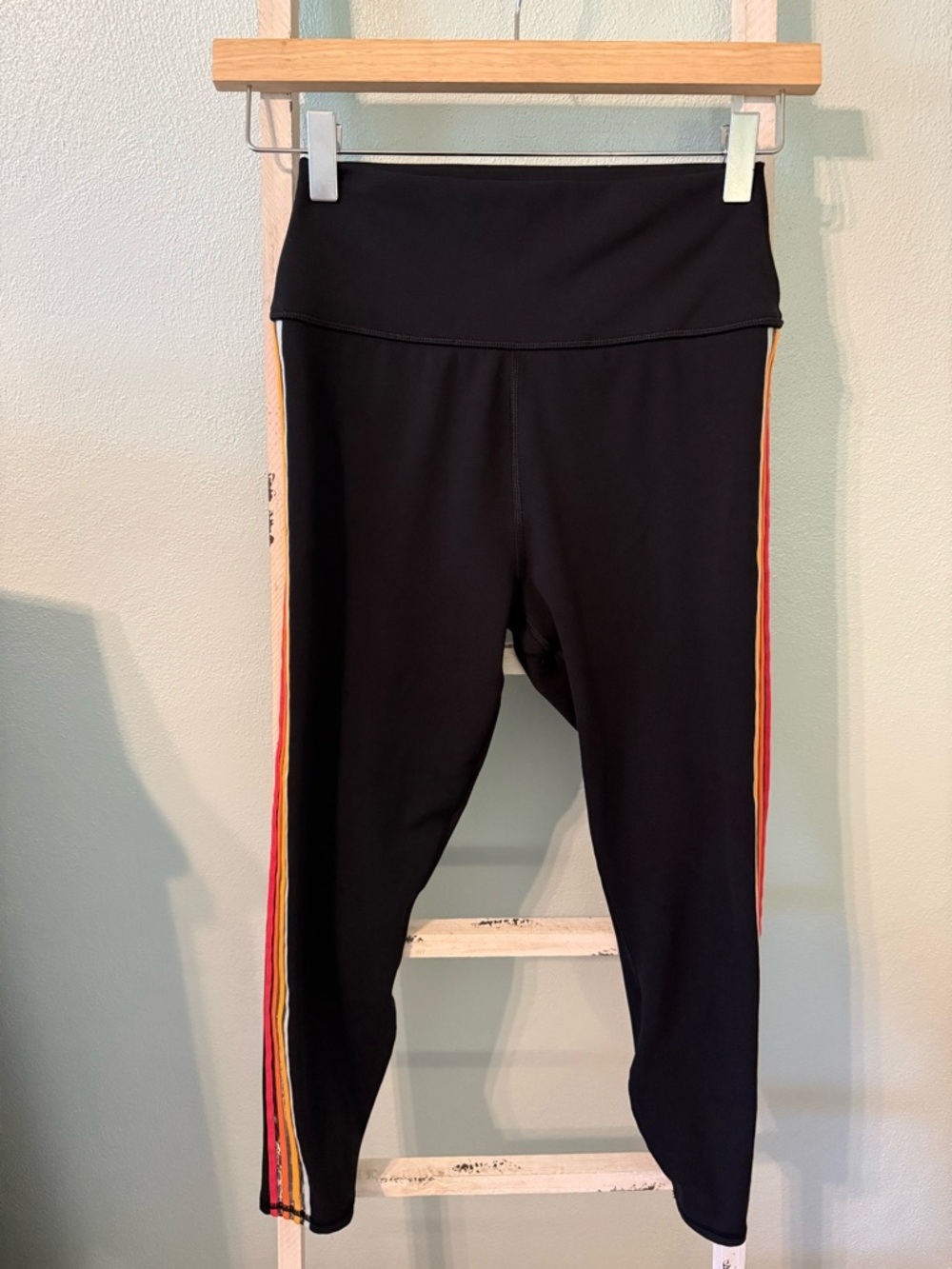 Spiritual Gangster Black Athletic Leggings Women Size M Colorful Stripes
